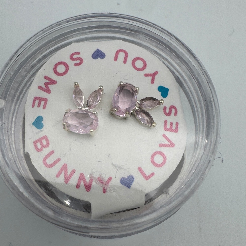 Pink Gemstone Bunny Rabbit Stud‎ Earrings Silver Tone Easter Jewelry for Kids